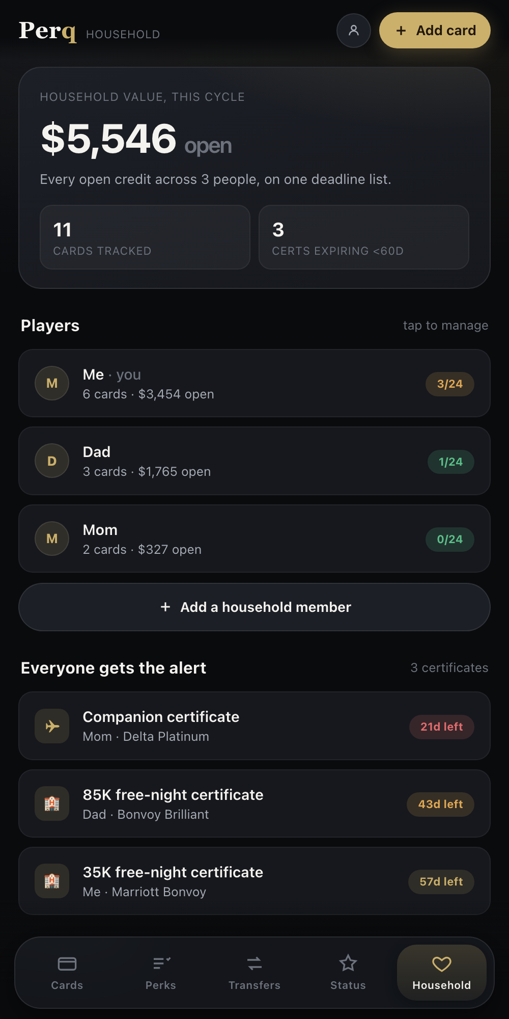Household view: players, per-person 5/24, shared certificate alerts, poolable points