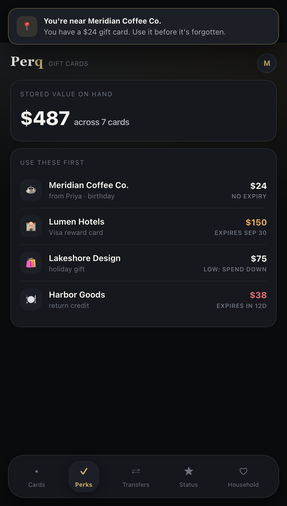 Gift cards ledger with proximity alert (preview render)