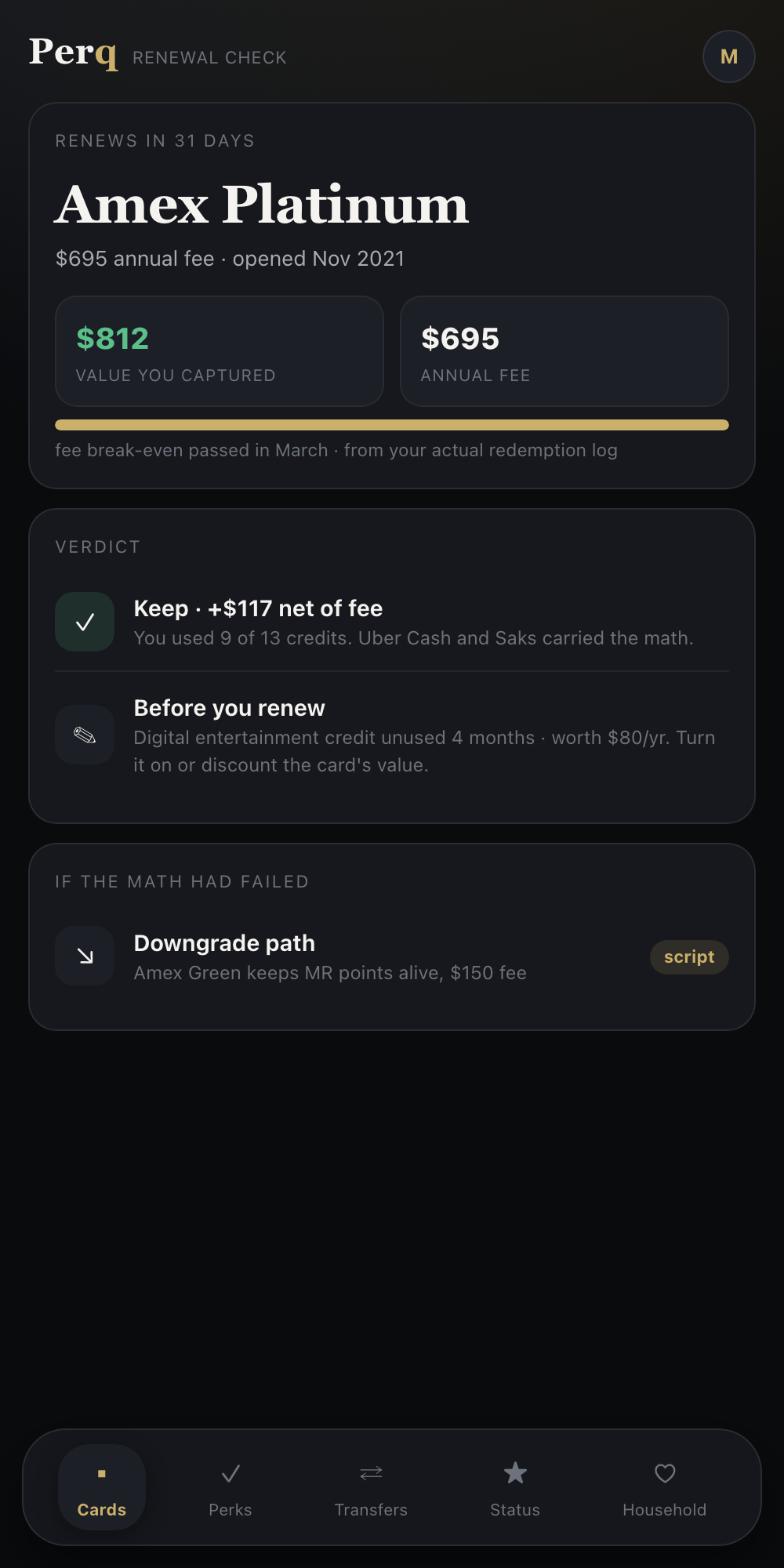 Renewal check: keep, cancel, or downgrade with break-even math (preview render)